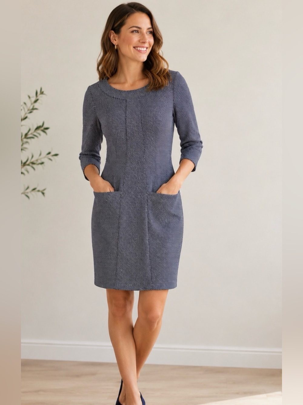 Boden L Riva navy-white jacquard Shift midi Dress